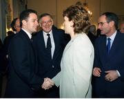 29 January 1999; The President, Mary McAleese accompanied by her husband, Dr Martin McAleese, right, greets Ulster captain David Humphreys and IRFU President, Noel Murphy, 2nd from left, during a visit by both Heineken European Cup Final Teams to Áras an Uachtaráin. Picture credit: Ray McManus / SPORTSFILE