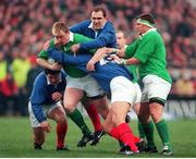 6 Febuary 1999; Eric Miller, Ireland, supported by team-mate Dion O'Cuinneagain, is tackled by Thomas Lievremont, France. Five Nations Rugby Championship, Ireland v France, Lansdowne Road, Dublin. Picture credit: Brendan Moran / SPORTSFILE