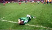 6 February 1999; Eric Miller, Ireland, lies dejected after the final whistle.  Five Nations Rugby Championship, Ireland v France, Lansdowne Road, Dublin. Picture credit: Matt Browne / SPORTSFILE