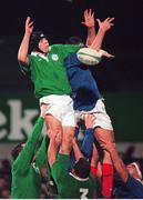 5 February 1999; Gabriel Fulcher, Ireland, takes the ball during the line out from Hugues Miorin, France. Representative Match, Ireland A v France A, Donnybrook, Dublin. Picture credit: Matt Browne / SPORTSFILE