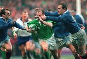 6 Febuary 1999; Conor McGuinness, Ireland, is tackled by Thomas Lievremont and Thomas Castaignede, France. Five Nations Rugby Championship, Ireland v France, Lansdowne Road, Dublin. Picture credit: Brendan Moran / SPORTSFILE