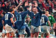 6 February 1999; France's Philippe Bennetton, right, celebrates with Olivier Magne, left, after defeating Ireland. Five Nations Rugby Championship, Ireland v France, Lansdowne Road, Dublin. Picture credit: Brendan Moran / SPORTSFILE