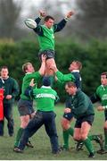 16 February 1999; Ireland's Dion O'Cuinneagáin is lifted in the lineout by Eric Miller, left, and Jeremy Davidson. Ireland Rugby Squad Training, Westmanstown, Co. Dublin. Picture credit: Matt Browne / SPORTSFILE