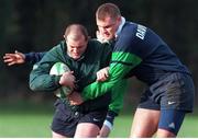 16 February 1999; Ireland's Peter Clohessy is tackled by Jeremy Davidson. Ireland Rugby Squad Training, Westmanstown, Co. Dublin. Picture credit: Matt Browne / SPORTSFILE