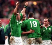 20 February 1999; Ireland 's Conor O'Shea celebrates victory over Wales at the final whistle. Five Nations Rugby Championship, Ireland v Wales, Wembley Stadium, London, England. Picture credit: Brendan Moran / SPORTSFILE