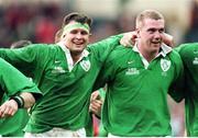 20 February 1999; Dion O'Cuinneagain and Victor Costello celebrate Ireland's victory. Five Nations Rugby Championship, Ireland v Wales, Wembley Stadium, London, England. Picture credit: Brendan Moran / SPORTSFILE