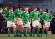 6 March 1999; Ireland players, from left, Paul Wallace, Jeremy Davidson, Keith Wood, Justin Fitzpatrick and David Humphreys await the final whistle. Five Nations Rugby Championship, Ireland v England, Lansdowne Road, Dublin. Picture credit: Brendan Moran / SPORTSFILE
