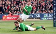 20 February 1999; Ireland 's Kevin Maggs goes over the line to score his sides first try with Jonathan Bell in support. Five Nations Rugby Championship, Ireland v Wales, Wembley Stadium, London, England. Picture credit: Brendan Moran / SPORTSFILE
