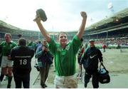 20 February 1999; Ireland 's David Humphreys celebrates victory over Wales at the final whistle. Five Nations Rugby Championship, Ireland v Wales, Wembley Stadium, London, England. Picture credit: Brendan Moran / SPORTSFILE