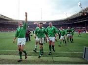 20 February 1999; Ireland 's Conor O'Shea leads the Irish team off the pitch after victory over Wales at the final whistle. Five Nations Rugby Championship, Ireland v Wales, Wembley Stadium, London, England. Picture credit: Brendan Moran / SPORTSFILE