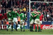 20 February 1999; Dion O'Cuinneagain, Mick Galwey, Conor McGuinness, Jeremy Davidson, Keith Wood and Paul Wallace celebrate Ireland's victory. Five Nations Rugby Championship, Ireland v Wales, Wembley Stadium, London, England. Picture credit: Brendan Moran / SPORTSFILE
