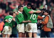 20 February 1999; Niall Woods, Paddy Johns and David Humphreys celebrate at the final whistle. Five Nations Rugby Championship, Ireland v Wales, Wembley Stadium, London, England. Picture credit: Matt Browne / SPORTSFILE