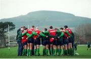3 March 1999; The Ireland squad gather together in a huddle in front of the Wicklow Mountains at the start of a training session. Ireland Rugby Squad Training, Dr. Hickey Park, Greystones, Co. Wicklow. Picture credit: Brendan Moran / SPORTSFILE