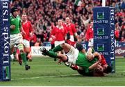 20 February 1999; Keith Wood, Ireland, goes over for a try. Five Nations Rugby Championship, Ireland v Wales, Wembley Stadium, London, England. Picture credit: Matt Browne / SPORTSFILE