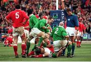 20 February 1999; Ireland's Kevin Maggs and David Humphreys congratulate Keith Wood after scoring Ireland's second try. Five Nations Rugby Championship, Ireland v Wales, Wembley Stadium, London, England. Picture credit: Matt Browne / SPORTSFILE