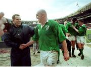 20 February 1999; Keith Wood, Ireland, is congratulated by Ross Nesdale as Paddy Johns & Paul Wallace celebrate victory over Wales at the final whistle. Five Nations Rugby Championship, Ireland v Wales, Wembley Stadium, London, England. Picture credit: Brendan Moran / SPORTSFILE