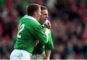 20 February 1999; Ireland 's Kevin Maggs, right, celebrates scoring his try team-mate with Jonathan Bell (12). Five Nations Rugby Championship, Ireland v Wales, Wembley Stadium, London, England. Picture credit: Brendan Moran / SPORTSFILE
