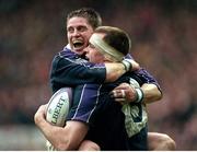 20 March 1999; Alan Tait, left, celebrates with Stuart Grimes after Grimes scored a try against Ireland. Five Nations Rugby Championship, Scotland v Ireland, Murrayfield, Edinburgh, Scotland. Picture credit: Brendan Moran / SPORTSFILE