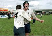 17 April 1999; David Corkery, Cork Constitution, celebrates at the end of the game with team-mate John Kelly, no.14. AIB League Rugby, Cork Constitution v Shannon, Temple Hill, Cork. Picture credit: Brendan Moran / SPORTSFILE
