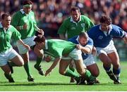10 April 1999; Justin Bishop, Ireland, in action against Giampiero De Carli, Italy. International rugby friendly, Ireland v Italy, Lansdowne Road, Dublin. Picture credit: Brendan Moran / SPORTSFILE