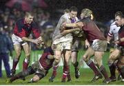10 December 1999; Mark Blair, Ulster, is tackled by Daffyd James (left) and Simon Easterby, Llanelli. Heineken European Cup, Ulster v Llanelli, Ravenhill, Belfast, Co. Antrim. Picture credit: Matt Browne / SPORTSFILE