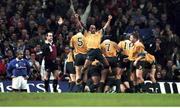 6 November 1999; George Gregan, Australia, celebrates Owen Finnegan's injury time try in their victory over France. 1999 Rugby World Cup Final, Australia v France, Millennium Stadium, Cardiff, Wales. Picture credit: Matt Browne / SPORTSFILE