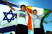 25 March 2005; Dylan Murphy, age 10 from Limerick, and Ehud Lazar, age 14, from Tel Aviv, supporting their teams. Israel U21 v Republic of Ireland U21, Herzelia Stadium, Tel Aviv, Israel. Picture credit; David Maher / SPORTSFILE
