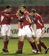 25 March 2005; Stuart Byrne, second from left, Shelbourne, celebrates with team-mates,  from left, Jason Byrne, Jim Crawford and  Owen Heary after scoring his sides first goal. eircom League, Premier Division, Shamrock Rovers v Shelbourne, Dalymount Park, Dublin. Picture credit; Brian Lawless / SPORTSFILE