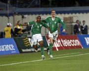 26 March 2005; Clinton Morrison, Republic of Ireland, left, celebrates with team-mate John O'Shea after scoring his sides first goal in the fourth minute. FIFA 2006 World Cup Qualifier, Israel v Republic of Ireland, Ramat-Gan Stadium, Tel Aviv, Israel. Picture credit; Ray McManus / SPORTSFILE