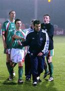 28 March 2005; Pat Fenlon, foreground, Shelbourne manager, remonstrates with Cork City players left, to right, George O'Callaghan, Danny Murphy and Denis Behan at the end of the game. Setanta Cup, Group 2, Cork City v Shelbourne, Turners cross, Cork. Picture credit; David Maher / SPORTSFILE