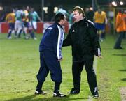 28 March 2005; Pat Fenlon, left, Shelbourne manager, remonstrates with Alan Kelly, 4th official, after his player David Crawley was sent off by referee David Malcolm. Setanta Cup, Group 2, Cork City v Shelbourne, Turners cross, Cork. Picture credit; David Maher / SPORTSFILE