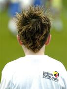 29 March 2005; Dylan Larkin, age 9, with a &quot;footballers haircut&quot; during the Dublin Docklands Festival of football. This event, which takes place from 29th to 31st March, has been developed to help young people from the Docklands area of Dublin to develop their skills and come more confident and accomplished players. Teaching the skills are soccer stars Niall Quinn, Ray Houghton, Don Givens, Bobby Saxton and Chris Nichol. Tolka Rovers FC, Frank Cooke Park, Griffith Avenue, Dublin. Picture credit; Brendan Moran / SPORTSFILE