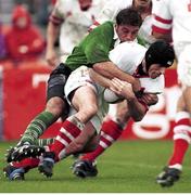 19 September 1999; Kieran Dawson, Ireland, tackles Derek Topping, Ulster. Pre-Season Friendly, Ulster v Ireland, Queens University of Belfast playing fields, Upper Malone, Belfast, Co. Antrim. Picture credit: David Maher / SPORTSFILE