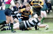 27 March 1999; Marcus Horan, Shannon, goes over to score the first try with the help of team mate Simon Johnson, despite the tackle of Eoin Brennan, Buccaneers. AIB League Division 1, Shannon v Buccaneers, Donnybrook, Dublin. Picture credit: Matt Browne / SPORTSFILE