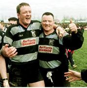 27 March 1999; Mick Galwey and Noel Healy, Shannon, celebrates their win. AIB League, Division 1, Shannon v Buccaneers, Donnybrook, Dublin. Picture credit: Matt Browne / SPORTSFILE