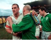 6 March 1999; Captains Lawrence Dallaglio, England, with Keith Wood, Ireland, after the final whistle. Five Nations Rugby Championship, Ireland v England, Lansdowne Road, Dublin. Picture credit: Matt Browne / SPORTSFILE