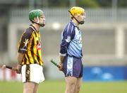 27 March 2005; Dublin's David Curtin and Kilkenny's Richie Mullally stand for the National Anthem before the start of the match. Allianz National Hurling League, Division 1A, Dublin v Kilkenny, Parnell Park, Dublin. Picture credit; Ciara Lyster / SPORTSFILE