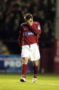 1 April 2005; Richie Baker, Shelbourne, holds his head after been sent off  by referee John Feighery. eircom League, Premier Division, Shelbourne v Waterford United, Tolka Park, Dublin. Picture credit; David Maher / SPORTSFILE