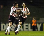 1 April 2005; Mark Farren, right, Derry City, celebrates with team-mate Alan Murphy after scoring his sides first goal. eircom League, Premier Division, Bohemians v Derry City, Dalymount Park, Dublin. Picture credit; Brian Lawless / SPORTSFILE