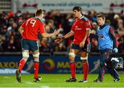 3 January 2014; Donncha O'Callaghan, Munster, right, being replaced by Dave Foley after an injury. Celtic League 2013/14, Round 12, Ulster v Munster, Ravenhill Park, Belfast, Co. Antrim. Picture credit: Oliver McVeigh / SPORTSFILE