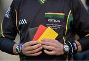 5 January 2014; Referee Eddie Kinsella with his Black book and red and yellow cards beford the start of the games. Bord na Mona O'Byrne Cup, Group B, Round 1, Carlow v Longford, Dr. Cullen Park, Carlow. Picture credit: Matt Browne / SPORTSFILE