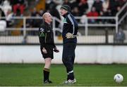 5 January 2014; Athlone IT goalkeeper Gary Connaughton is cautioned by referee Derek Fahy after kicking the ball out of the stadium. Bord na Mona O'Byrne Cup, Group B, Round 1, Kildare v Athlone IT, St Conleth's Park, Newbridge, Co. Kildare. Picture credit: Piaras Ó Mídheach / SPORTSFILE