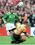 10 October 1999; David Humphreys, Ireland, in action against Tim Horan, Australia. 1999 Rugby World Cup, Ireland v Australia, Lansdowne Road, Dublin. Picture credit: Matt Browne / SPORTSFILE