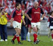 3 April 2005; Munster's John Hayes, right and Jason Holland pictured after defeat to Olympique Biarritz. Heineken European Cup 2004-2005, Quarter-Final, Biarritz Olympique v Munster, Anoeta Stadium, San Sebastian, Spain. Picture credit; Damien Eagers / SPORTSFILE