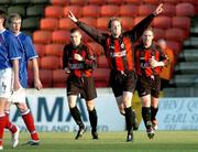 4 April 2005; Stephen Paisley, centre, Longford Town, celebrates after scoring his sides first goal with team-mates Shane Barrett and Dessie Baker, right. Setanta Cup, Group One, Longford Town v Linfield, Flancare Park, Longford. Picture credit; David Maher / SPORTSFILE