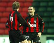 4 April 2005; Andy Myler, right, Longford Town, celebrates after scoring his sides second  goal with team-mate Stephen Paisley. Setanta Cup, Group One, Longford Town v Linfield, Flancare Park, Longford. Picture credit; David Maher / SPORTSFILE