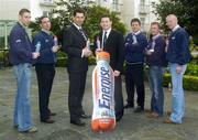 7 April 2005; At an announcement by the GPA of the establishment of an Official Players' GPA Fund for the 67 inter-county hurling and football squads are from left to right, Matty Forde, Wexford, Enda McNulty, Armagh, Michael McArdle, Marketing manager C & C Ireland, Dessie Farrell, GPA Chief Executive, Mark O'Reilly, Meath, Patrick Mullaney, Laois and John Mullane, Waterford, which also coincided with the launch of a new sparkling energy drink Club Energise (Sparkling) by C & C Ireland. The fund has been established to assist squads directly and will be managed by two nominated players in each county. Merrion Hotel, Dublin. Picture credit; Damien Eagers / SPORTSFILE