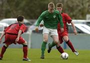 7 April 2005; Barry John Walsh, Republic of Ireland U15, in action against Michele Zotti, left, and Thorkild Van Wymeersch, Belgium U15. U15 Friendly International, Republic of Ireland U15 v Belgium U15, Home Farm FC,  Whitehall, Dublin. Picture credit; Brian Lawless / SPORTSFILE
