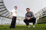 6 January 2014; Donegal footballer Michael Murphy with Cathal Donoghue, left, age 13, from Oaklands Community College, Edenderry, Co. Offaly, in attendance at the launch of Aviva Health Schools' Fitness Challenge 2014. New research today reveals 8 in 10 secondary school teachers believe physical education should be treated as a core examinable subject on the curriculum for all students. The Aviva Health Schools' Fitness Challenge 2014 is a national challenge for 1st, 2nd and 3rd year pupils to improve their health and fitness. Register your school for the challenge by Friday January 17th online at www.avivahealth.ie/fitnesschallenge. Aviva Stadium, Lansdowne Road, Dublin. Picture credit: David Maher / SPORTSFILE