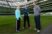 6 January 2014; National Junior Athlete of the year 2013 Sarah Lavin with Irish InterBLÉ National Track and field athlete David Gillick, centre, and Donegal footballer Michael Murphy, right, in attendance at the launch of Aviva Health Schools' Fitness Challenge 2014. New research today reveals 8 in 10 secondary school teachers believe physical education should be treated as a core examinable subject on the curriculum for all students. The Aviva Health Schools' Fitness Challenge 2014 is a national challenge for 1st, 2nd and 3rd year pupils to improve their health and fitness. Register your school for the challenge by Friday January 17th online at www.avivahealth.ie/fitnesschallenge. Aviva Stadium, Lansdowne Road, Dublin. Picture credit: David Maher / SPORTSFILE